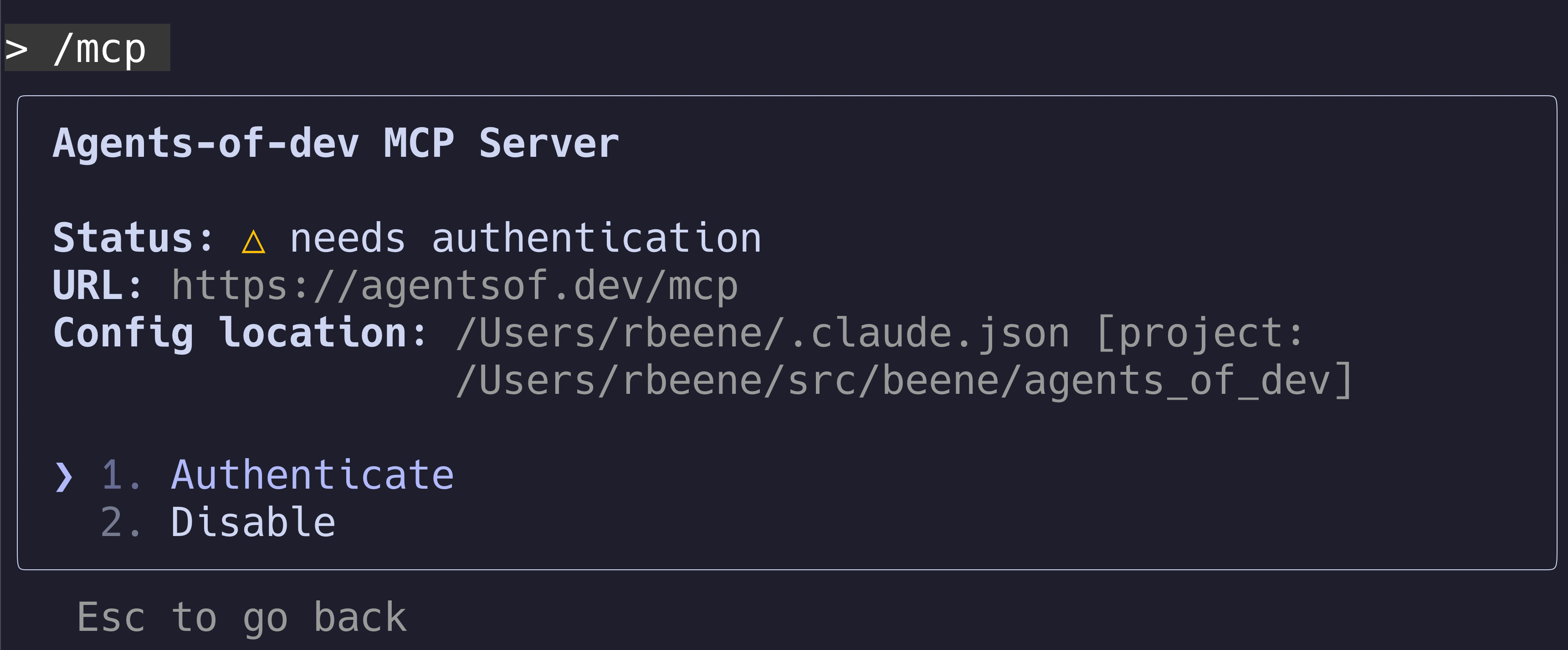 Claude Code /mcp menu showing Authenticate option